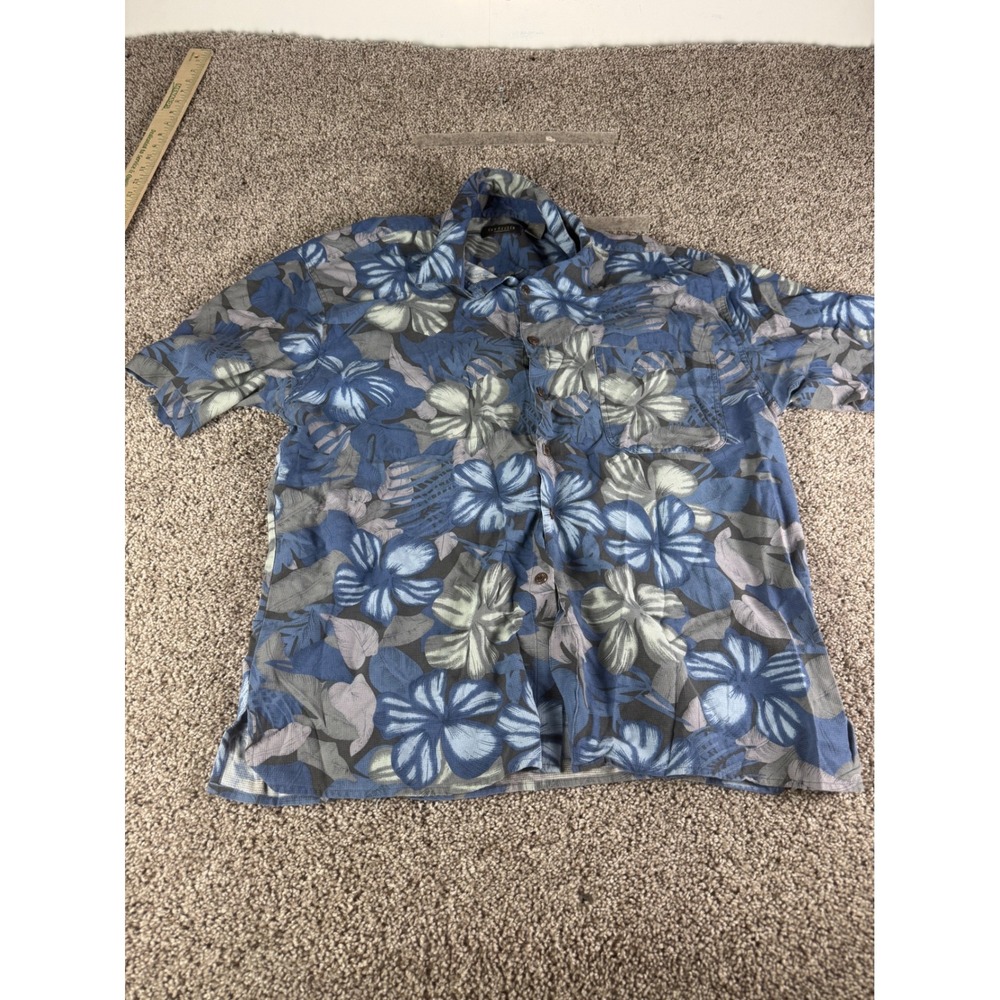 Van Heusen Mens Large Blue Floral  Silk Short Sleeve Button Down Shirt Hibiscus